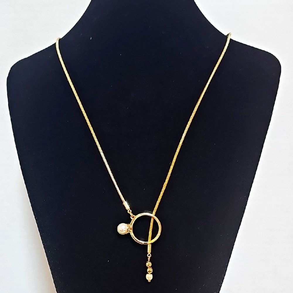 Goldtone Solitaire Faux Pearl Ring Bolo Style Necklace